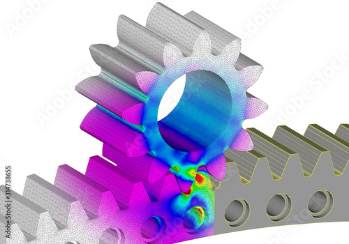 Gear and cogwheel 3D solid finite element analysis stresses in white backround