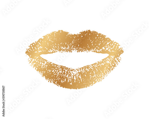 Sparkling golden lips. Kisses for prints. Lipstick golden on white background. Gold imprint lips. Imprint pomade glitterer. Glittering glamorous kiss for design. Lips glamour makeup. Female mouth