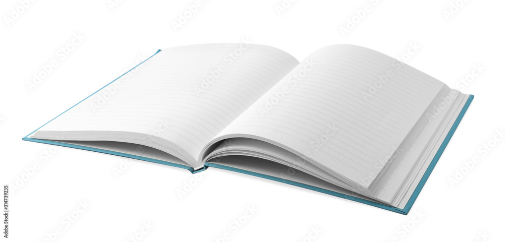 Stylish open notebook with blank sheets isolated on white