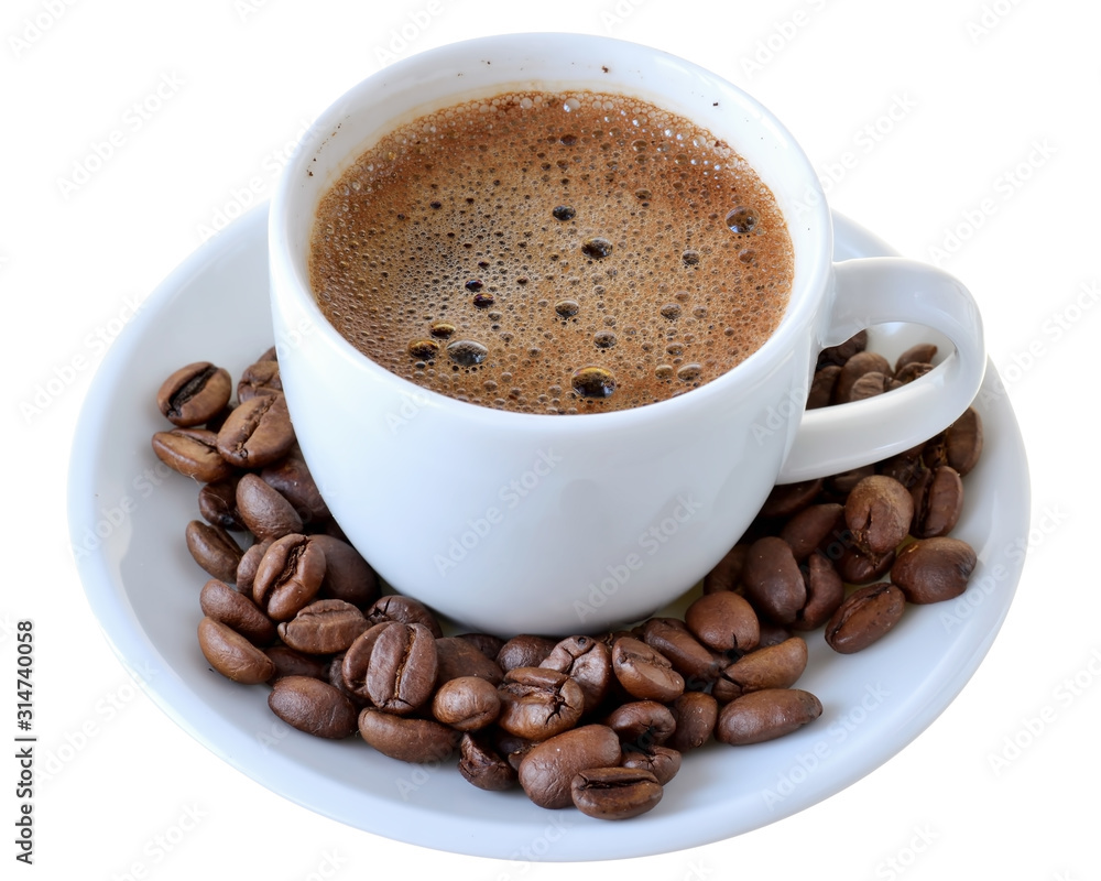 Cup of hot coffee and a scattering of coffee beans isolated Cup of hot coffee and a scattering of coffee beans isolated