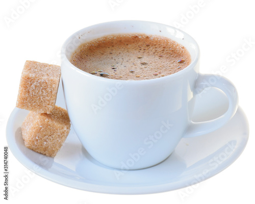 Fototapeta Naklejka Na Ścianę i Meble -  White porcelain cup coffee with cane sugar cubes isolated
