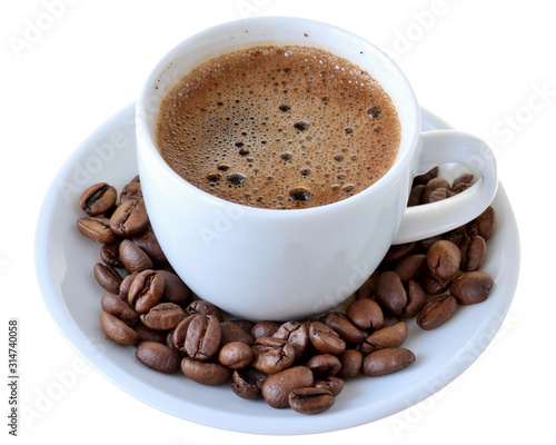 Cup of hot coffee and a scattering of coffee beans isolated
