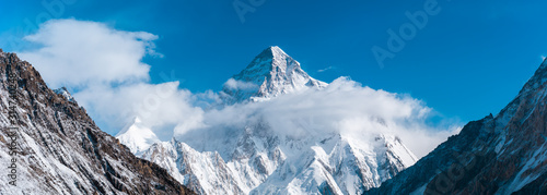 Close up panoramic view of K2, the second highest mountain in the world with Angel peak and Nera peak on the left side, Concordia, Pakistan © Thrithot