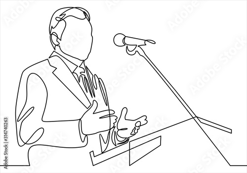Business conference, business meeting. Man at rostrum in front of audience. Public speaker giving a talk at conference hall- continuous line drawing 