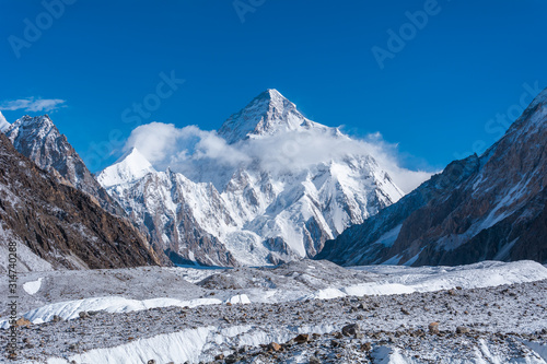 View of K2, the second highest mountain in the world with Upper Baltoro Glacier from Concordia, Pakistan
