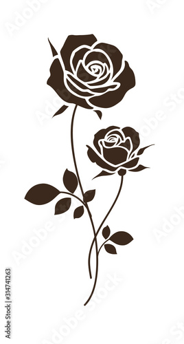 Decorative rose with long stem and leaves. Flower sketch. Vector illustration