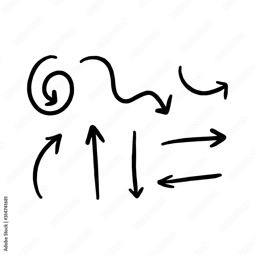 Set of hand drawn arrows isolated on a white background.Doodle arrow icons. Set of hand drawn arrows isolated on a white background.Doodle arrow icons.