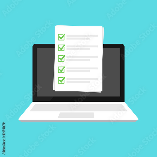 Checklist browser window. Check mark. White tick on laptop screen. Choice, survey concepts. Elements for web banners, websites, infographics. 