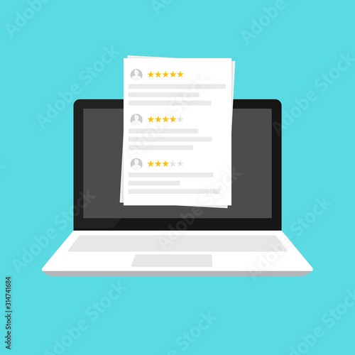 Laptop with customer review rating messages vector illustration, Flat cartoon design of laptop pc display and online reviews or client testimonials, concept of experience or feedback, rating stars