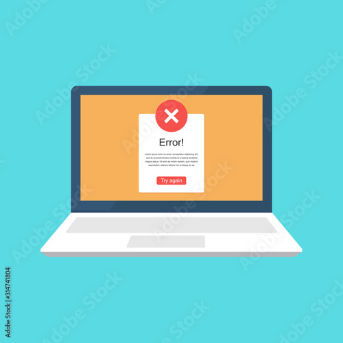 Error message on laptop screen. Crash, error, failure of the system. Flat Color Icon vector.