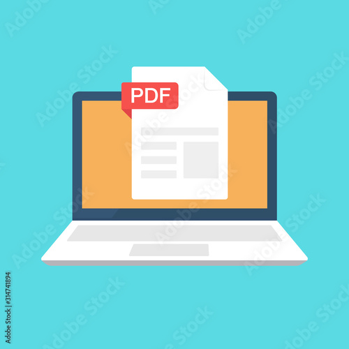 PDF file on laptop screen. Downloading document concept. File with PDF label. Vector stock illustration.