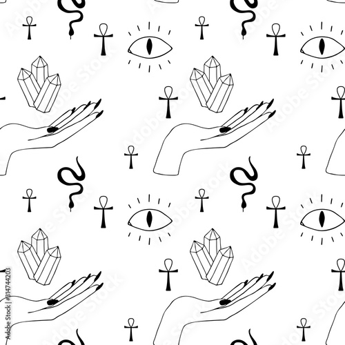Occultism print with gothic hands and magic signs - devil eye, crystal, cross, snake. Seamless pattern. Linear black drawing.