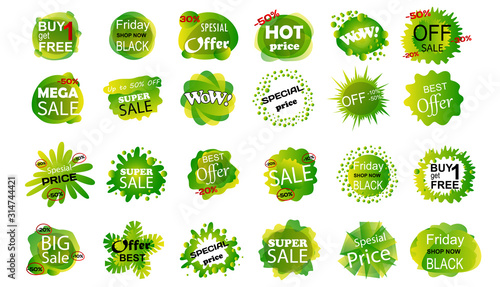 Set of sale banner badge templates. Stickers best offer price and big sale pricing tag badge design. Limited sales offer label or store discount banner card. Shopping coupon. Vector illustration.