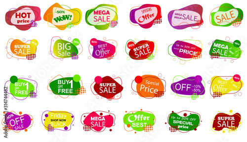 Set of sale banner badge templates. Stickers best offer price and big sale pricing tag badge design. Limited sales offer label or store discount banner card. Shopping coupon. Vector illustration.