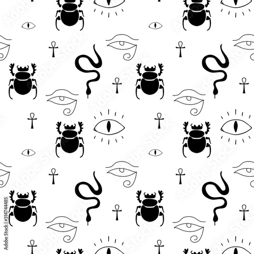 Occultism print with Egyptian magic signs - cross, ankh, eye of Horus, scarab, snake. Seamless pattern. Linear black drawing.