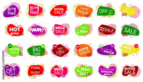 Set of sale banner badge templates. Stickers best offer price and big sale pricing tag badge design. Limited sales offer label or store discount banner card. Shopping coupon. Vector illustration.