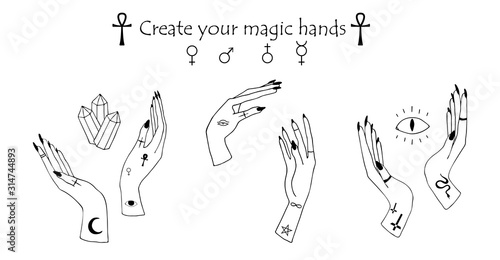 Occultism set with gothic tattoo hands and mystery symbols - cross, eye of Horus, crystal,ankh, snake.  Linear black drawing.