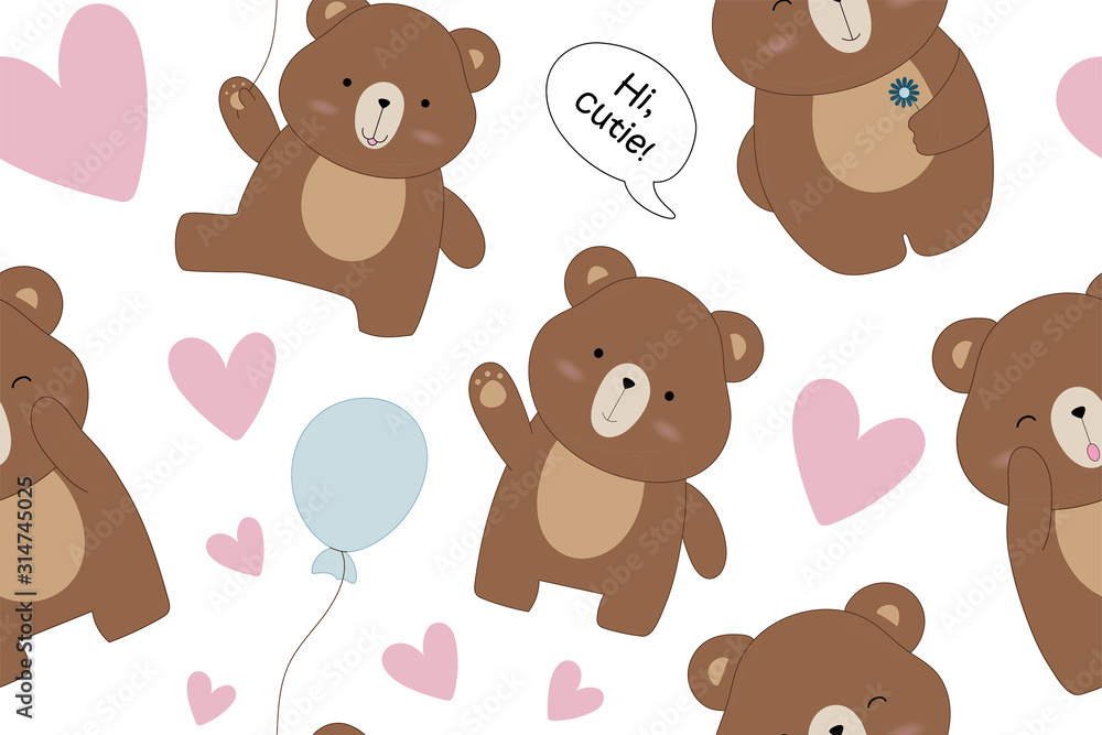 Seamless pattern with illustrations of cute cartoon bears