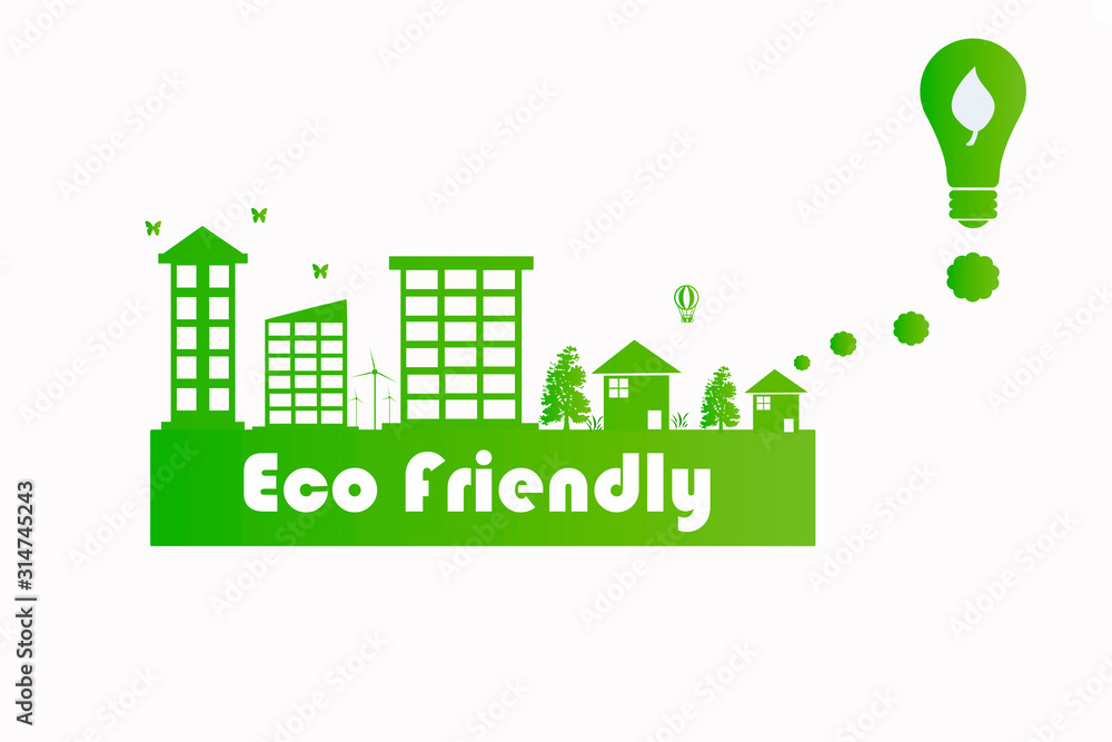 Illustration of a city with the text eco friendly in green with wind generators, buildings and a light bulb as an ecological symbol Illustration of a city with the text eco friendly in green with wind generators, buildings and a light bulb as an ecological symbol