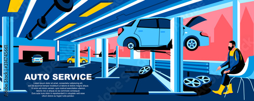 Auto service flat vector landing page template. Car repair and maintenance service banner layout with header. Vehicle tires changing, automobile inspection cartoon illustration with text space