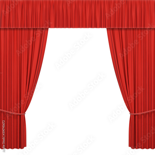Red open stage curtains background isolated on white