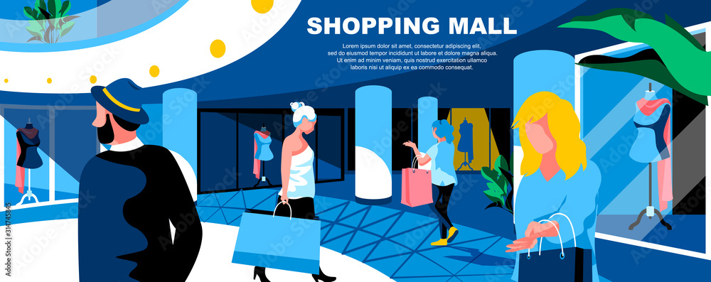 Shopping mall flat vector landing page template. Buyers with bags in  supermarket banner layout with header. Shoppers characters. Consumers in  fashion boutiques cartoon illustration with text space Stock Vector | Adobe  Stock
