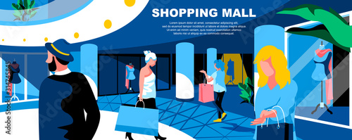 Shopping mall flat vector landing page template. Buyers with bags in supermarket banner layout with header. Shoppers characters. Consumers in fashion boutiques cartoon illustration with text space