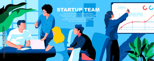 Startup team flat vector landing page template. Business development, project management banner layout with header. Company improvement strategy planning cartoon illustration with text space