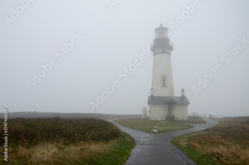 The Yaquina Head lighthouse shrouded in mist