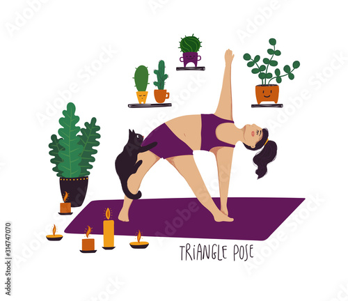 Girl Doing Triangle Yoga Pose With Cat.