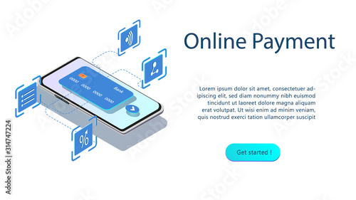 Online payment app isometric website template.Transfer money from card.Concept of mobile wallet app. Isometric image of smartphone and credit card on a white background. Webpage, app design.