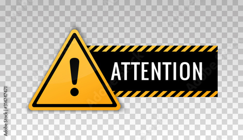 Attention sign. Hazard warning caution board. Attract attention. Exclamation mark. Triangle frame. Striped frame. Precaution message on banner. Design with alert icon. Concept caution dangerous areas photo