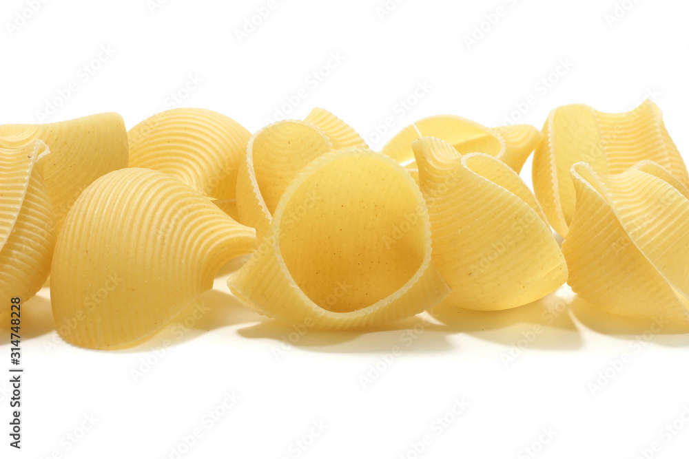 A lot of italian's raw pasta(macaroni) conchiglie on a white background A lot of italian's raw pasta(macaroni) conchiglie on a white background