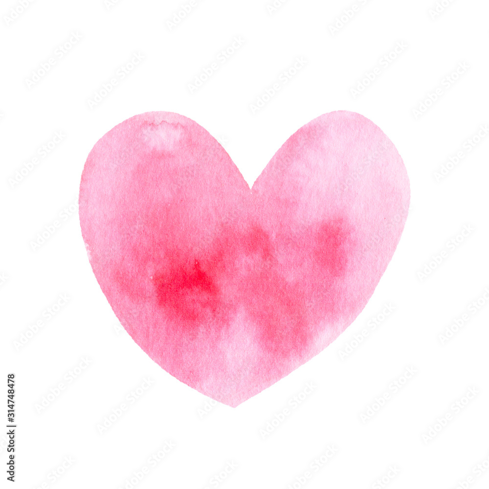 Watercolor hand painted d pink heart. Isolated on a white background.