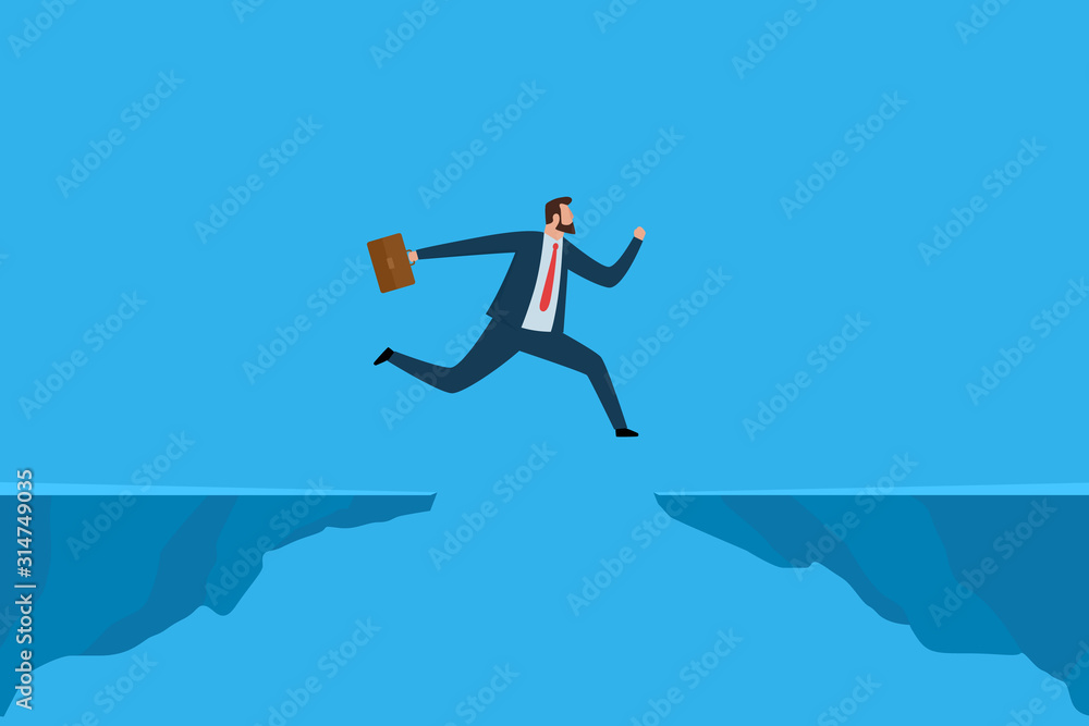 Businessman jumping over gap. Business risk and success concept. Vector illustration.