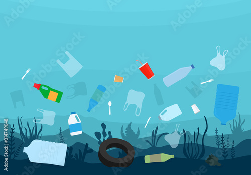 Plastic pollution sea and ocean. Different kinds of garbage in underwater. Environmental disaster concept.