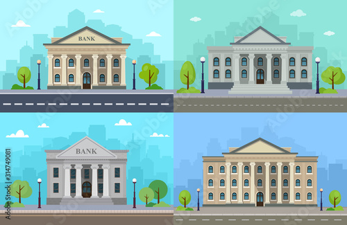 Set of web banners with facade bank, university or government institution with city skylines. Vector illustration. Flat modern design. EPS 10.