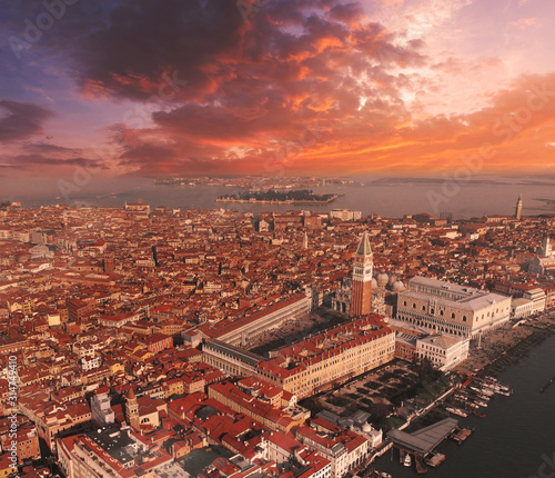 Panoramic aerial view of Piazza San Marco in Venice at sunset  Italy