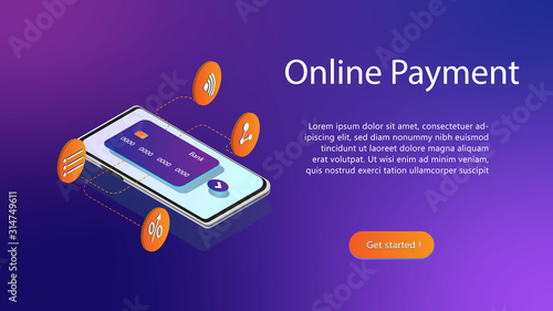 Vector Isometric illustration of smartphone and credit card on purple background. Concept of online payments, personal data protection. Transfer money from card. Mobile wallet application.