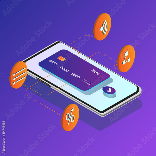 Vector illustration of  mobile payments, personal data protection. Transfer money from card. Isometric image of smartphone and credit card on purple background. 