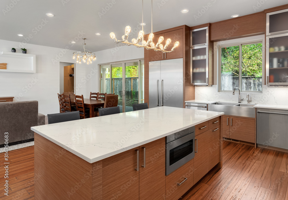 Fototapeta premium Modern kitchen interior in new home with stainless steel appliances