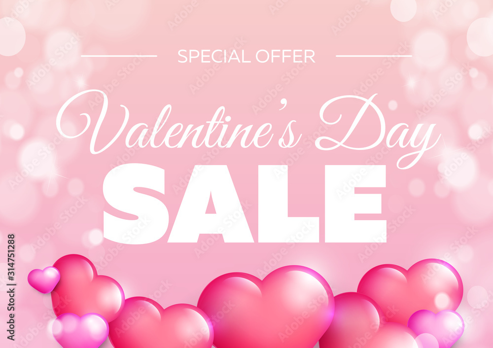 Valentines day sale banner with red and pink hearts background. Special offer poster or card. Discount for shop or market.