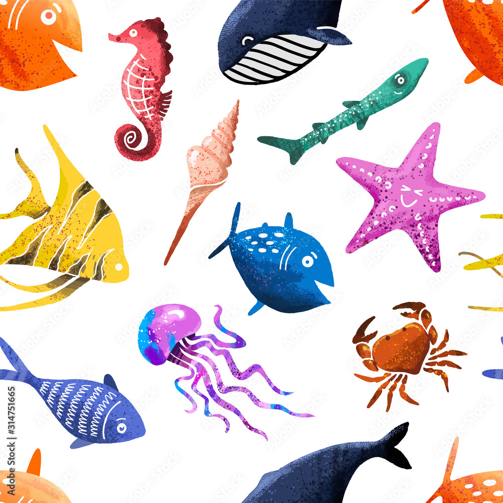Naklejka premium Sea and ocean fish seamless bright pattern. Characters seahorse, jellyfish, starfish, crab, whale and many other inhabitants of the waters of the seas and oceans, cartoon vector illustration.
