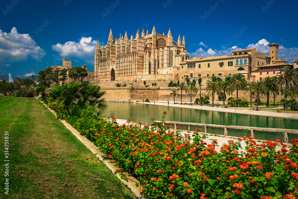 Spain - Cathedral with flower bed - Palma de Mallorca