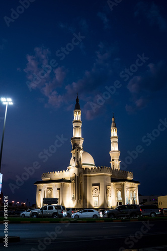 Mosque in Sharjah against the night sky, Emirates.