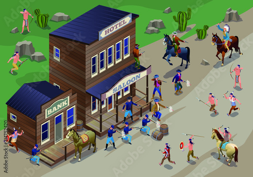 Indians attack town Illustration isometric icons on isolated background
