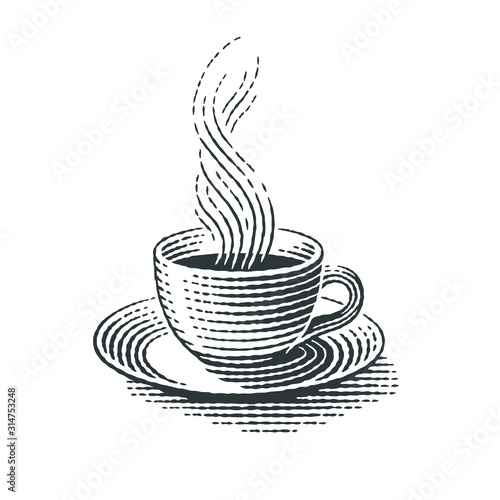 Cup of hot drink. Hand drawn engraving style illustrations.