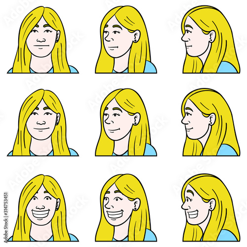Avatar Set of a blonde woman with long hair at different angles and facial expressions. emotions, neutral, friendly, smiling, laughing, teeth, isolated.
