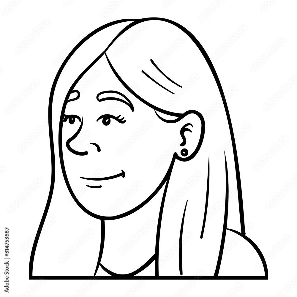monochrome outline illustration of a woman, diagonally from the side who laughs. emotions, avatar, head, isolated. monochrome outline illustration of a woman, diagonally from the side who laughs. emotions, avatar, head, isolated.