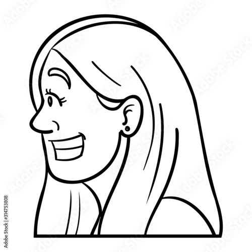 Monochrome outline vector illustration of a woman in profile who laughs happily and shows her teeth.  Avatar, emotions, be happy.